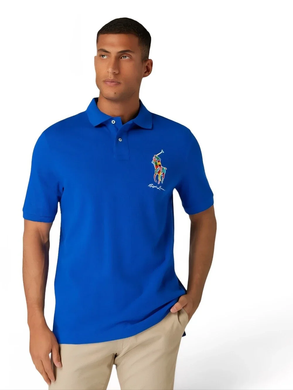 Ralph Lauren Men Blue Luxury Multicolor Big Ponny Logo Cotton Polo Size Large